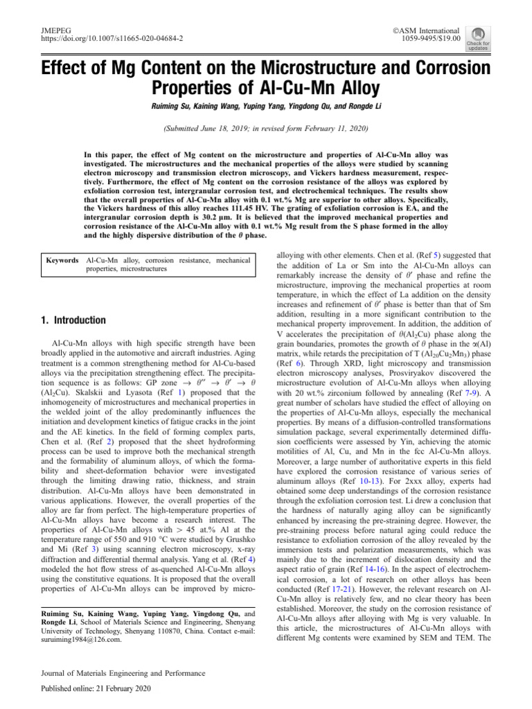 Effect of MG Content On The Microstructure and Corrosion Properties of ...