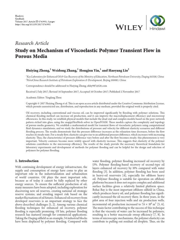 Study On Mechanism of Viscoelastic Polymer Transient Flow in Porous ...