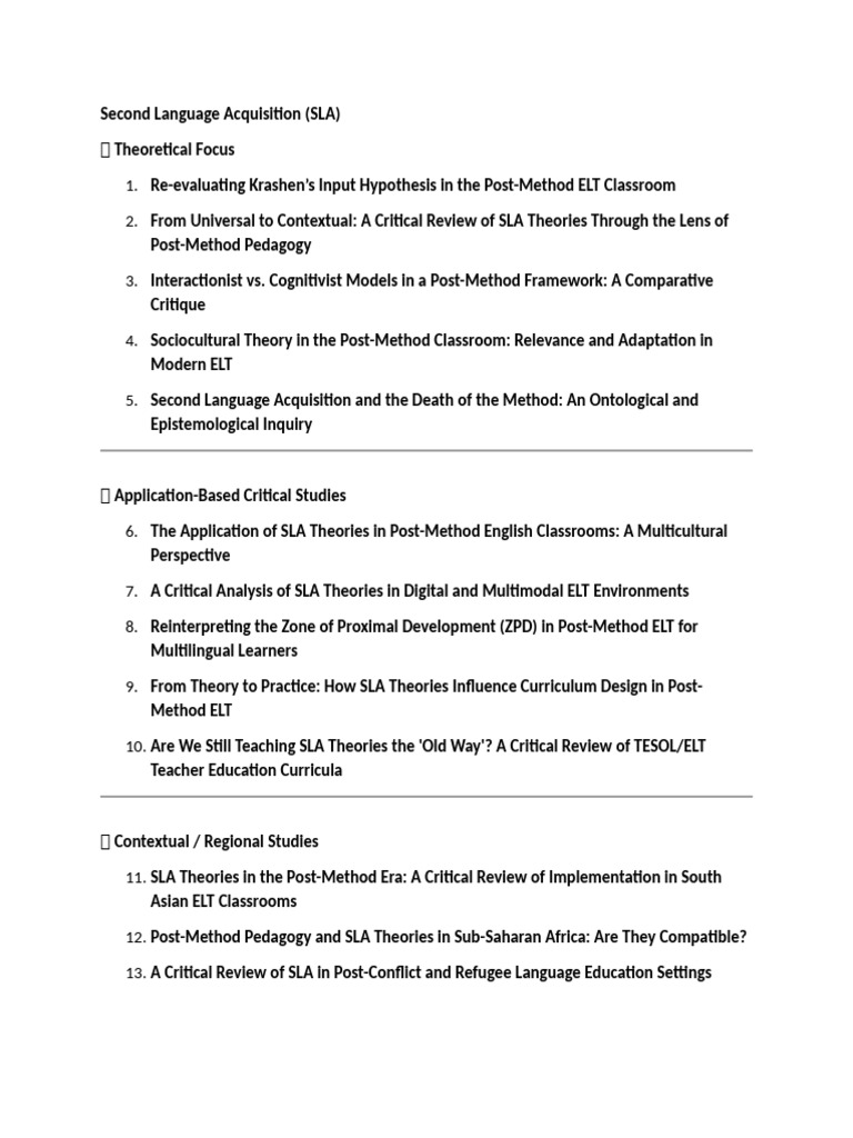 Post-Method Approaches in SLA Theories | PDF | Second Language ...