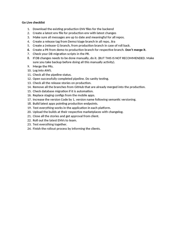 Go Live Checklist for Production Deployment | PDF