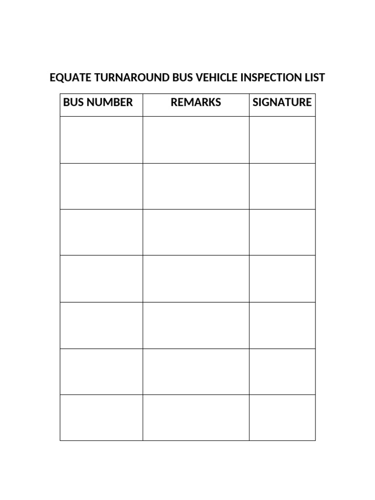 Equate Turnaround Bus Vehicle Inspection List | PDF