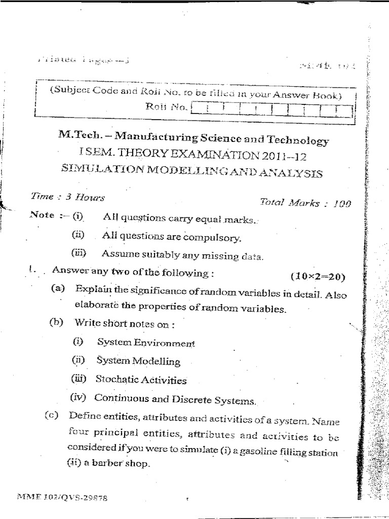 Mtech 1 Sem Simulation Modeling and Analysis Mme102 2012 | PDF