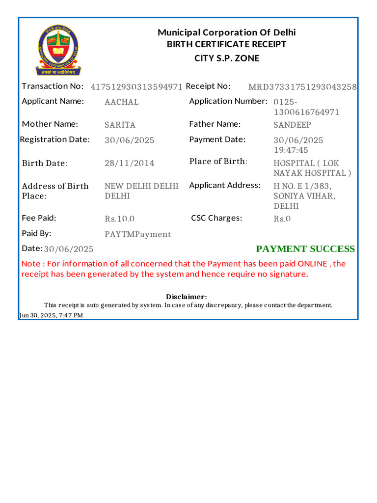 Delhi Birth Certificate Receipt | PDF