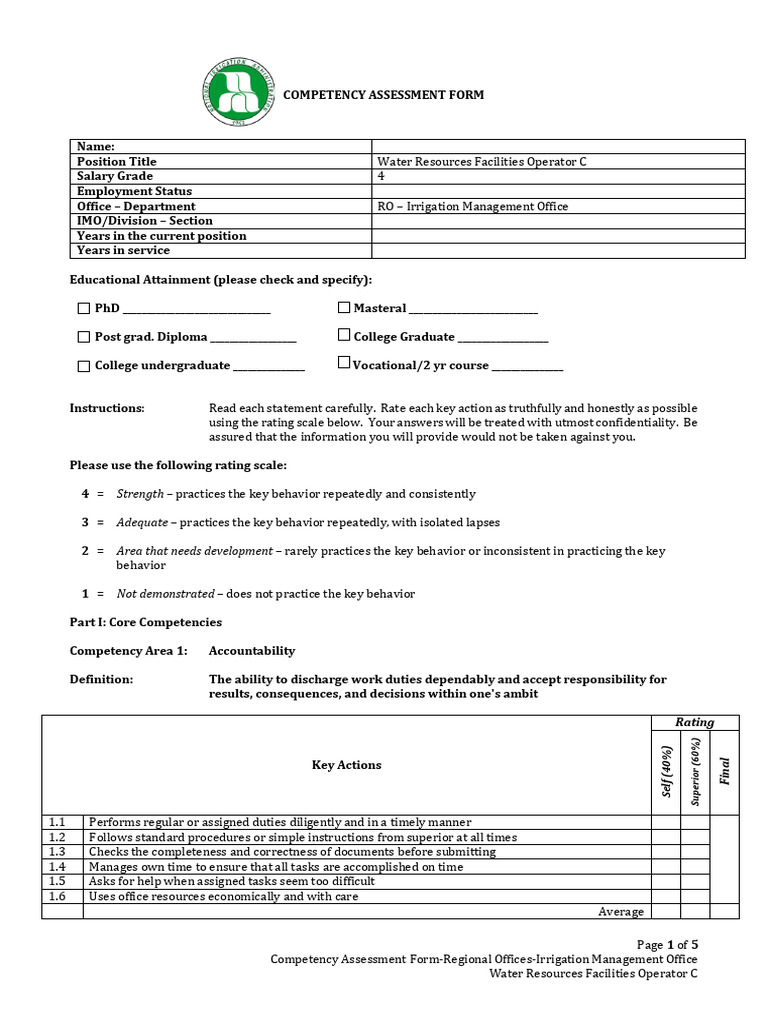Water Resources Operator Competency Assessment | PDF | Knowledge ...