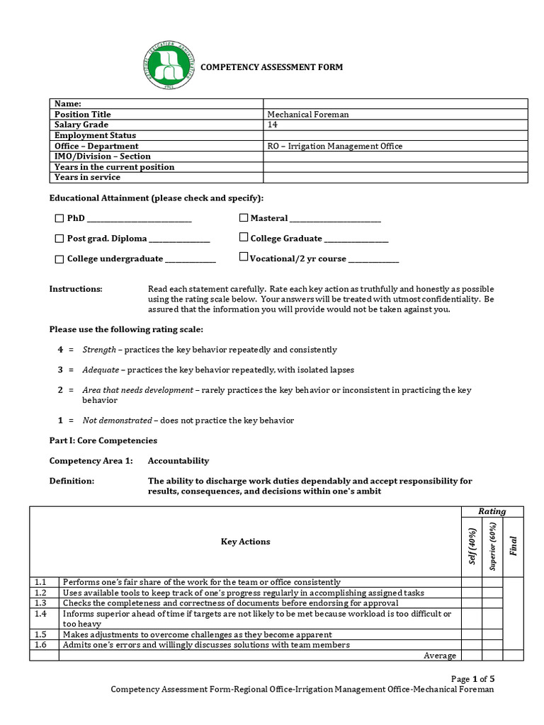 Competency Assessment Form for Mechanical Foreman | PDF | Expert ...