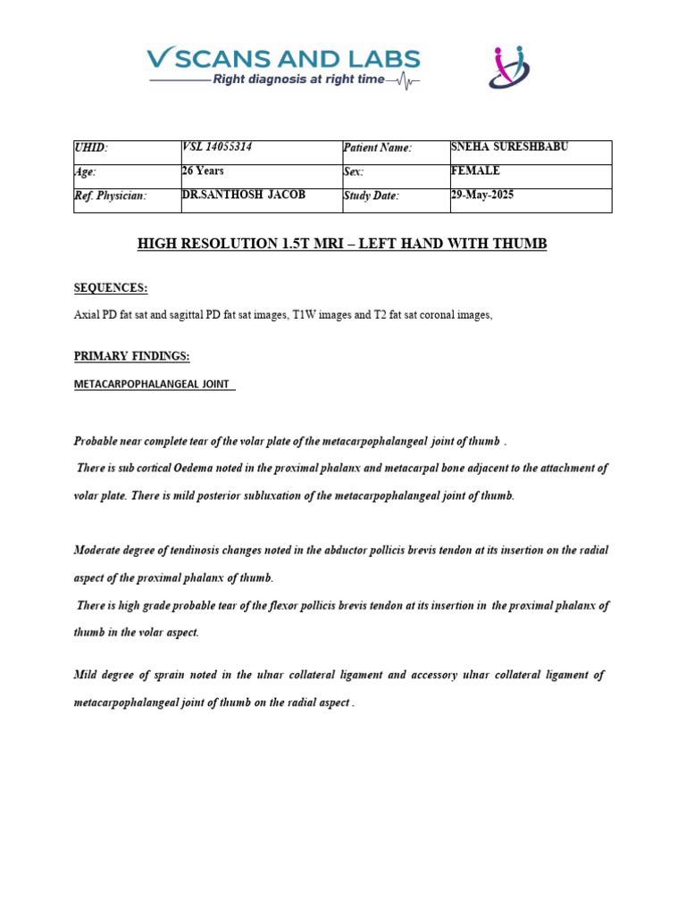 MRI Report: Left Thumb Injuries | PDF | Thumb | Joints