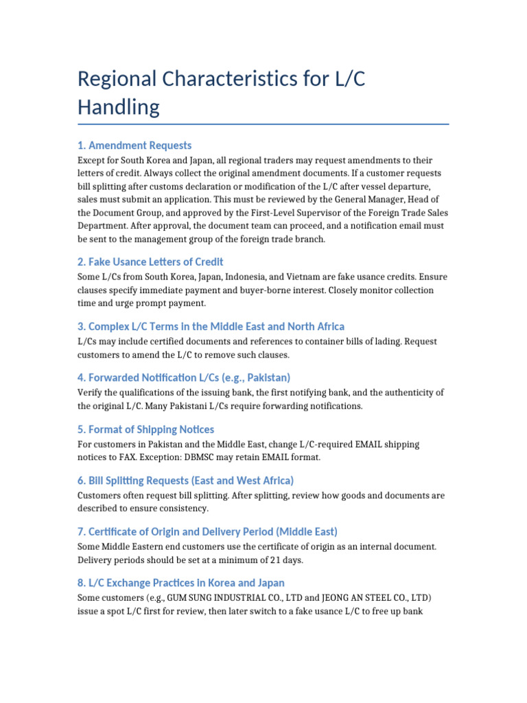 L/C Handling Guidelines by Region | PDF