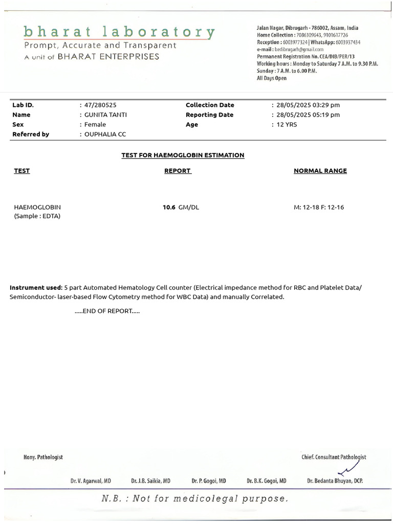 Hemoglobin Test Report for 12-Year-Old | PDF