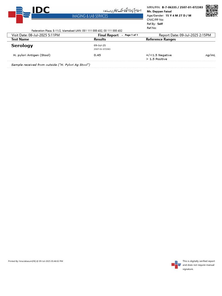Stool Test Report for H. Pylori Antigen | PDF