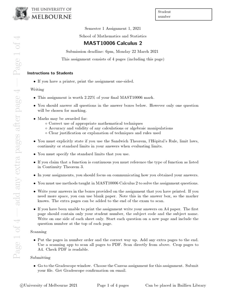 MAST10006 Calculus 2 Assignment 1 | PDF | Mathematics