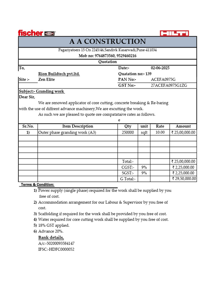 Quotation for Outer Phase Grinding Work | PDF