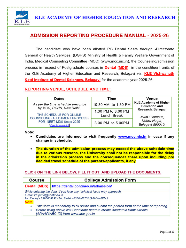Reporting Procedure For Mds (PG Dental) - 2025 | PDF | Dental Degree ...