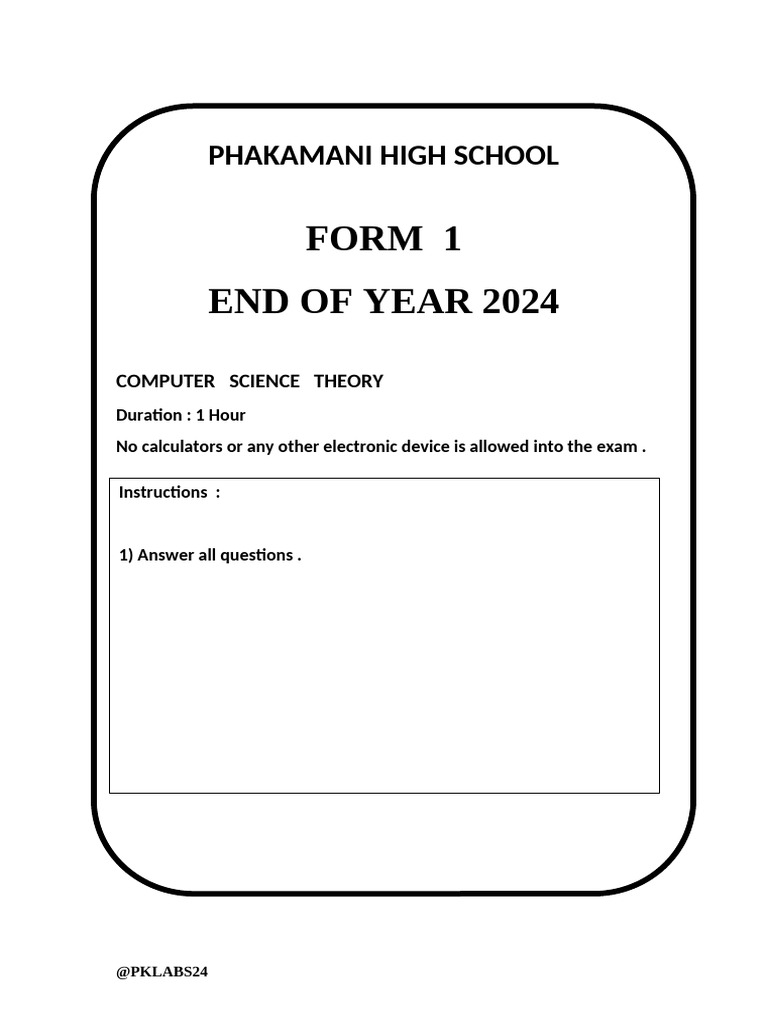 Computer Science Exam Paper 2024 | PDF