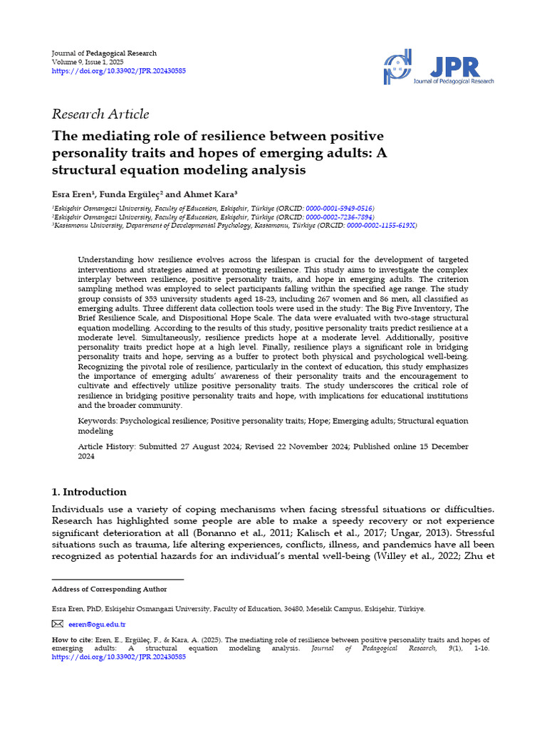The Mediating Role of Resilience Between Positive Personality Traits ...