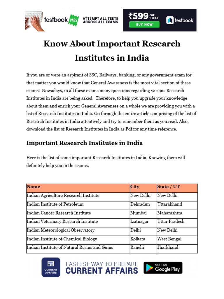 Know About Important Research Institutes in India | PDF | Gujarat