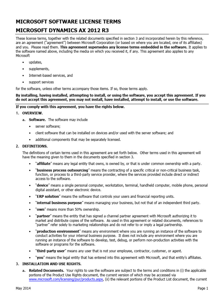 Microsoft Dynamics AX 2012 R3 License Terms | PDF | Trade Secret | Software