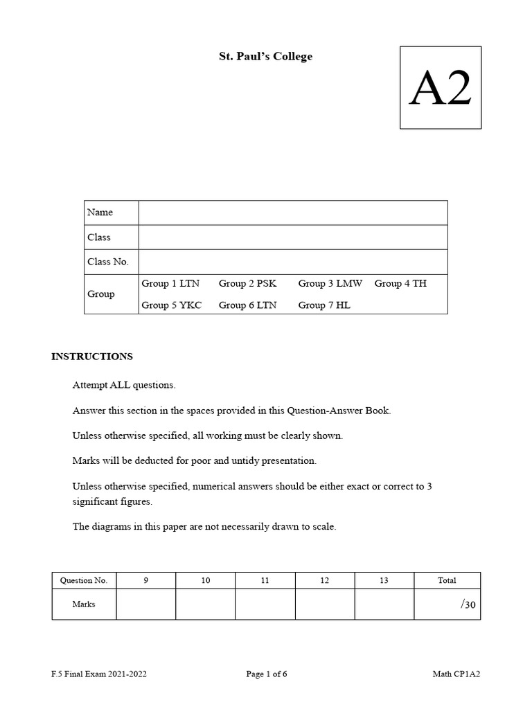 2122F5T2Paper1SectionA2MS | PDF | Mathematics | Mathematical Objects