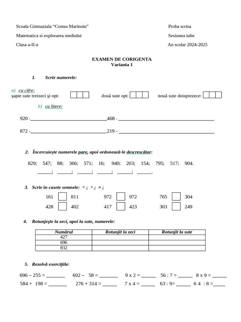 Testul 1 Mem Scris Corigenta Clasa a-II-a | PDF