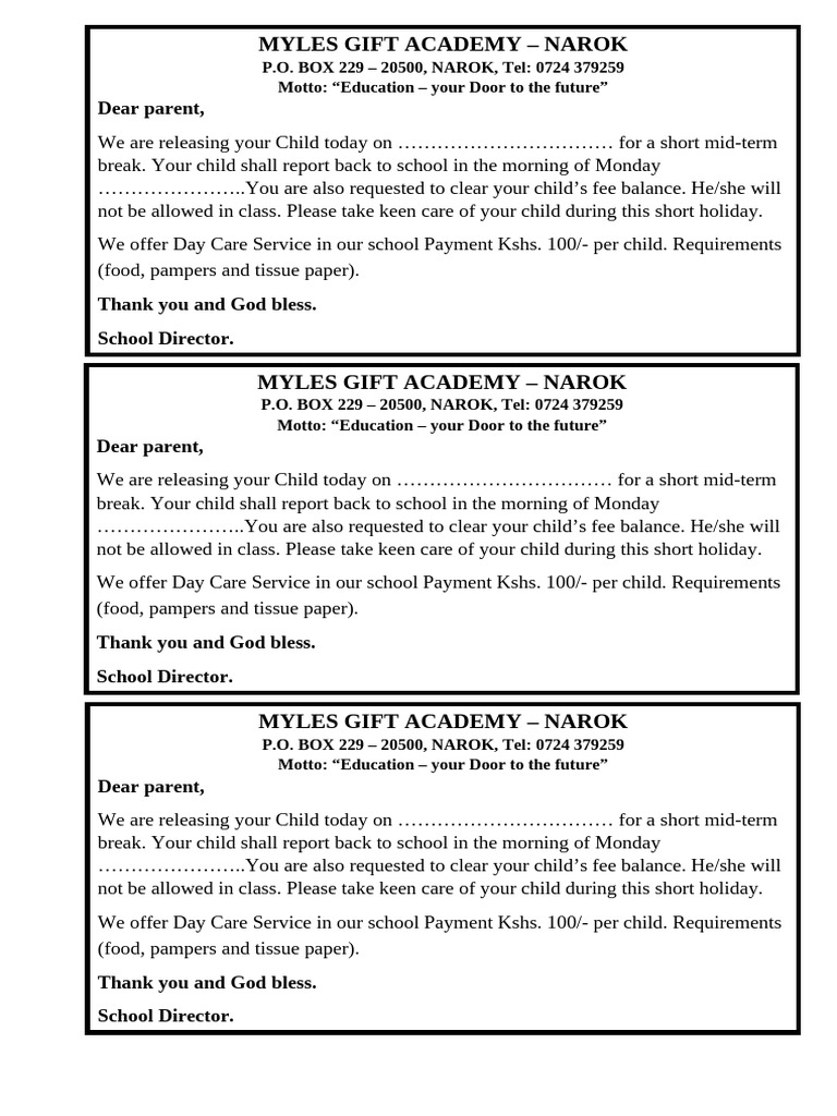 Myles Gift Academy - Narok: Dear Parent | PDF
