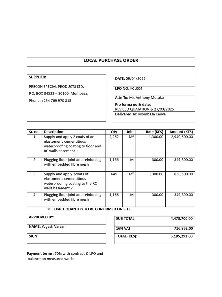 Local Purchase Order for Waterproofing Services | PDF