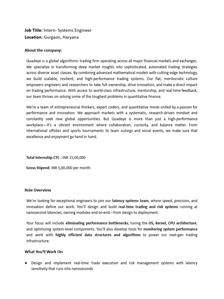 Intern - Systems Engineer | PDF | Algorithmic Trading | Kernel (Operating  System)