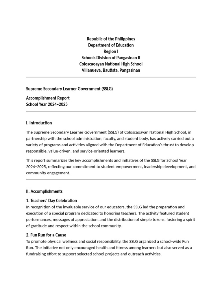 SSLG Accomplishment Report 2024-2025 | PDF