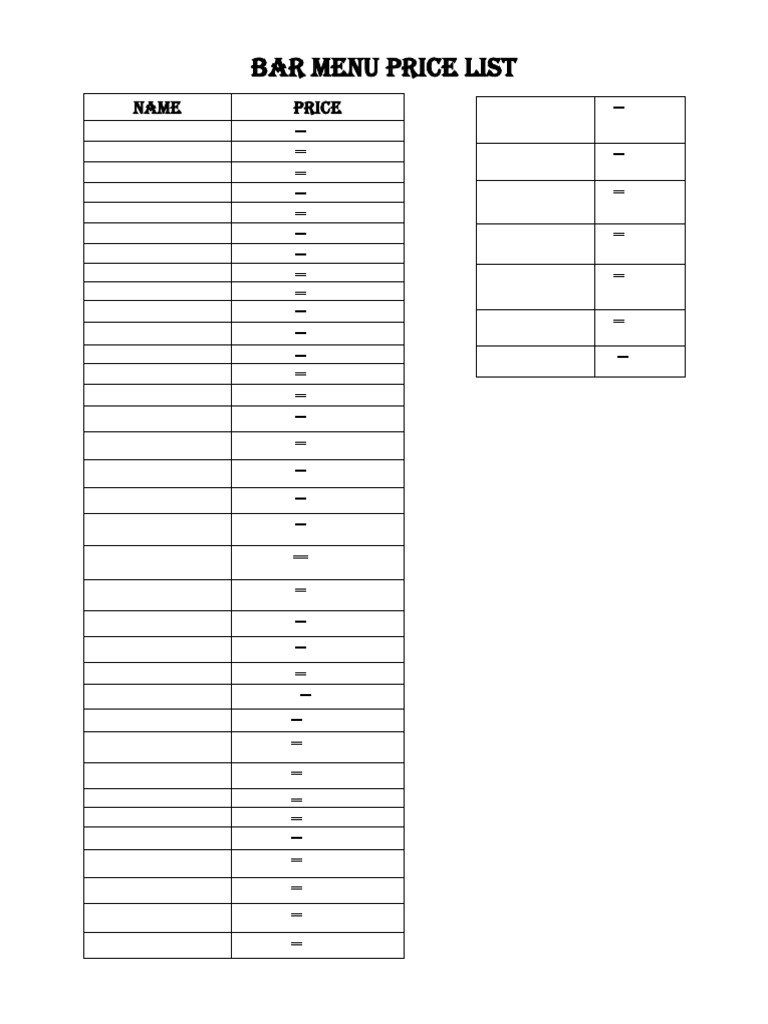 Bar Menu Price List | PDF