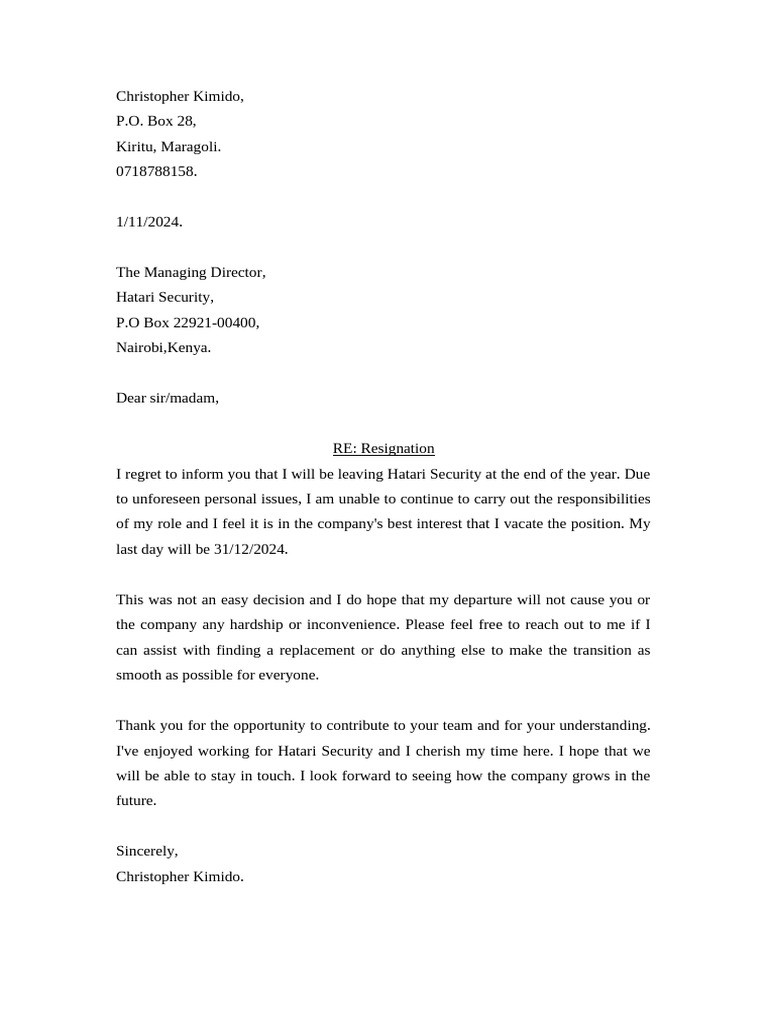 Resignation Letter from Hatari Security | PDF