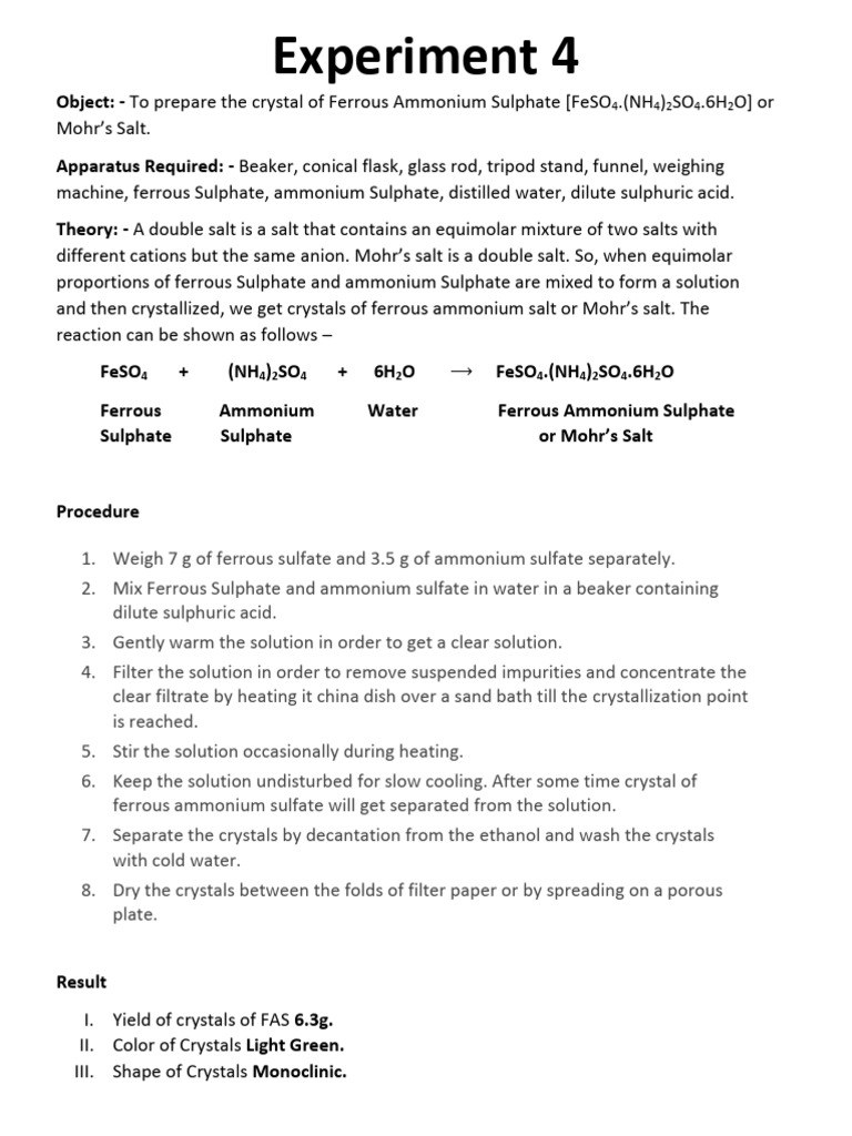 Prepare Ferrous Ammonium Sulphate Crystals | PDF