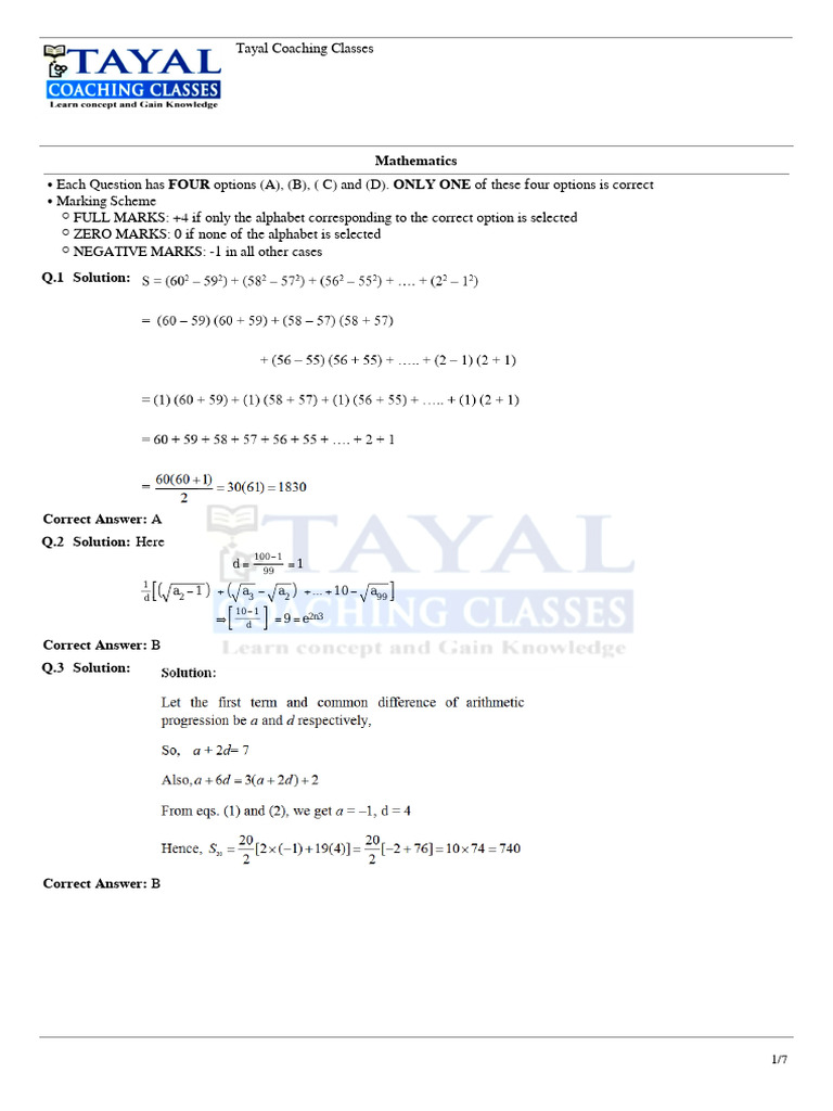Tayal Coaching Classes Math Solutions | PDF