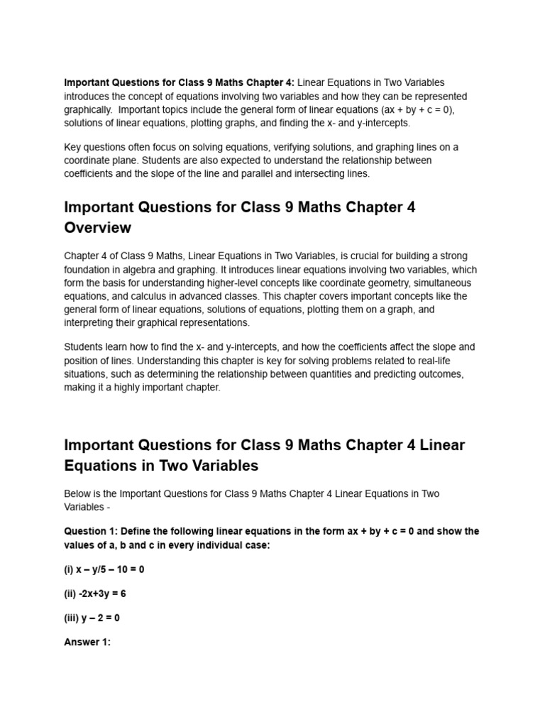 Class 9 Maths: Linear Equations Guide | PDF | Line (Geometry) | Mathematics