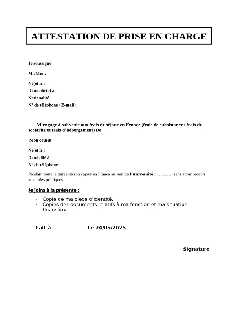 Attestation de Prise en Charge France | PDF