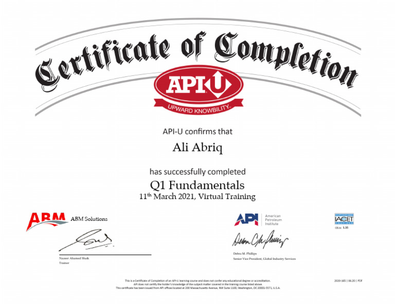API Q1 Fundamentals Certificate | PDF