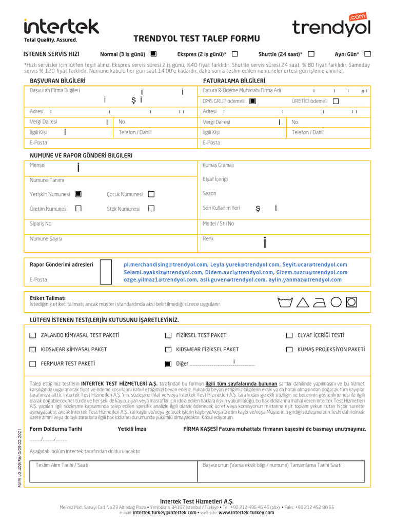 Intertek Test Talep Formu Trendyol 0422 | PDF