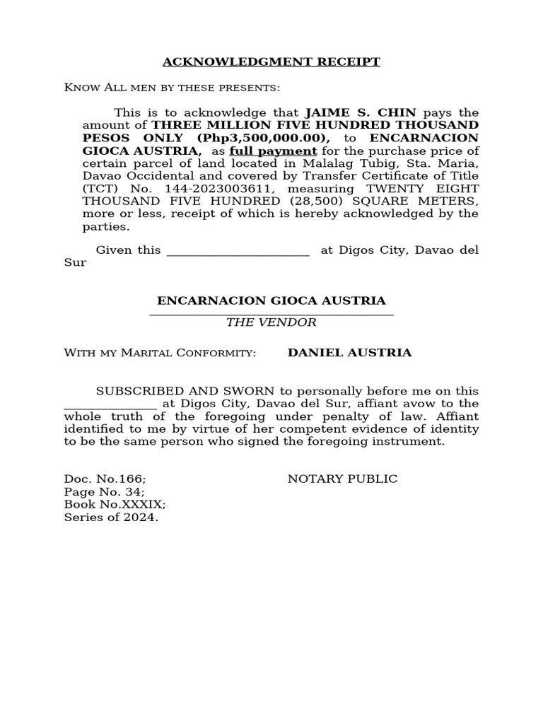 Acknowledgment Receipt for Land Purchase | PDF