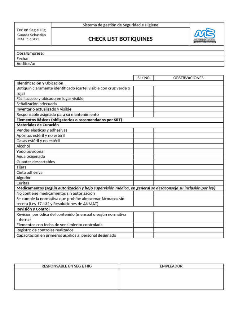 Check List Botiquines de Seguridad e Higiene | PDF
