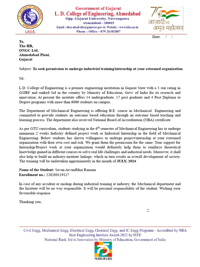 Internship Request for Mechanical Students | PDF