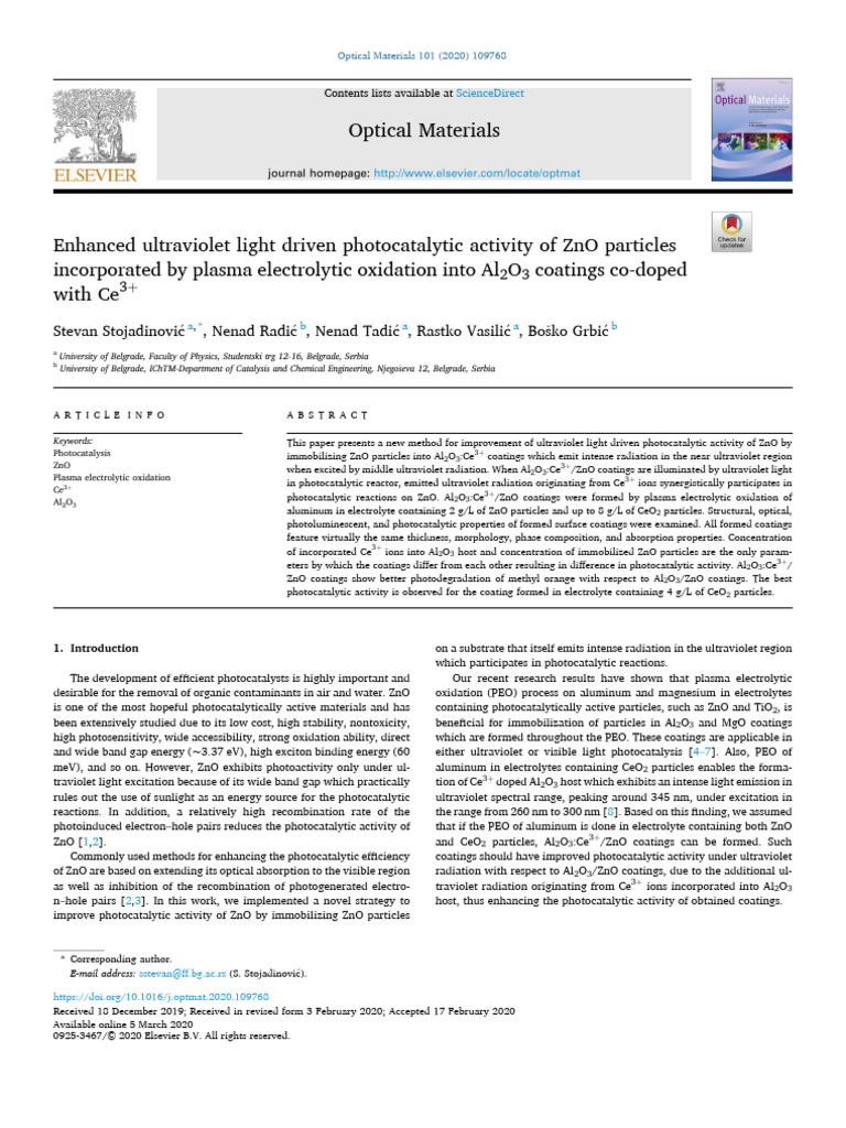 Enhanced Ultraviolet Light Driven Photocatalytic Activity of ZnO ...