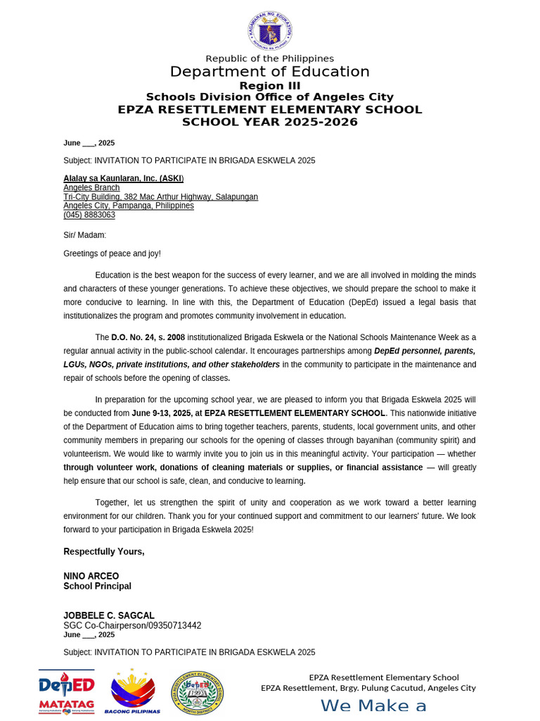Invitation to Brigada Eskwela 2025 | PDF | Volunteering | Learning
