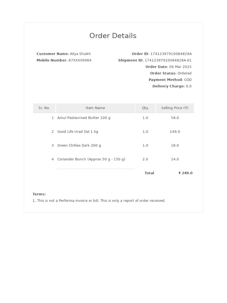 Order Details: Customer Name Mobile Number Order ID Shipment ID Order ...