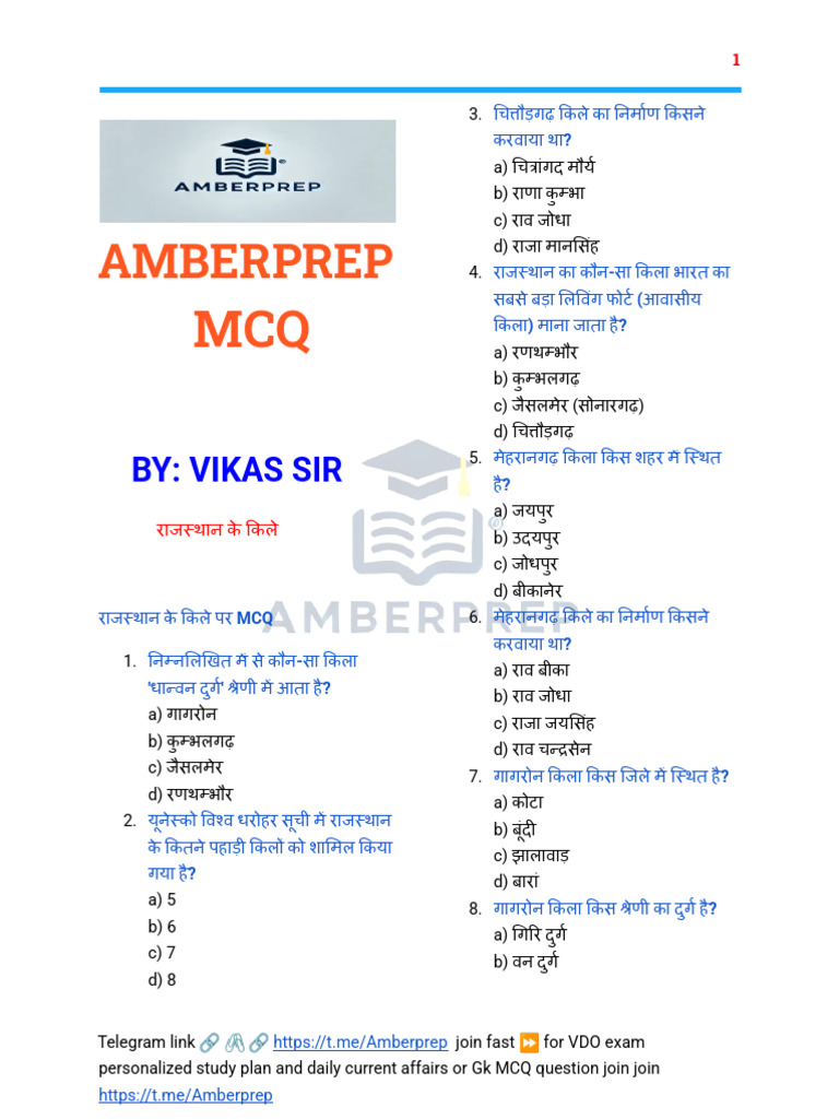 राजस्थान के किले MCQ Amberprep | PDF
