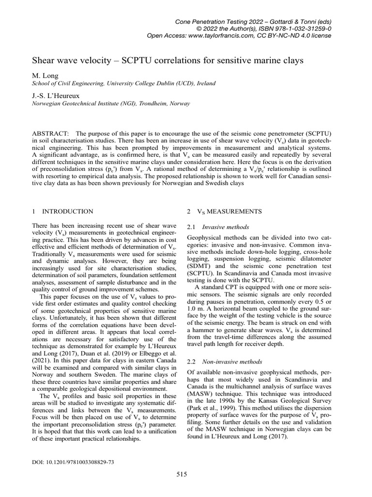 Shear Wave velocity-SCPTU Correlations For Sensiti | PDF | Geotechnical ...