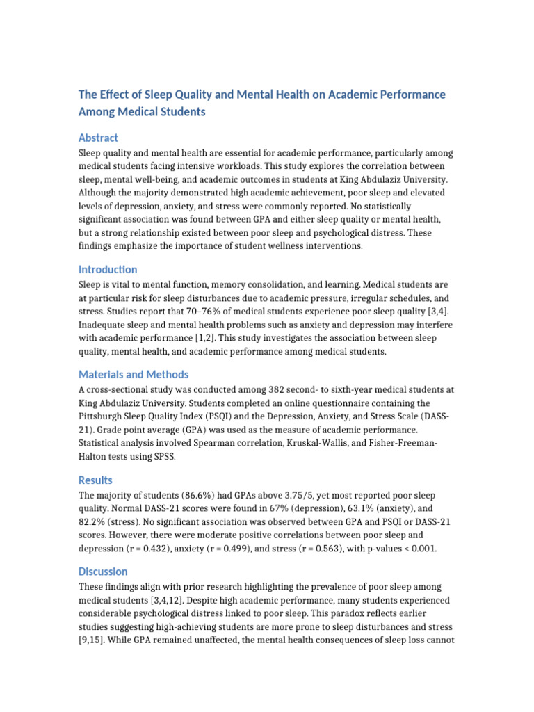 Sleep Quality, Mental Health, and GPA in Medical Students | PDF | Major ...