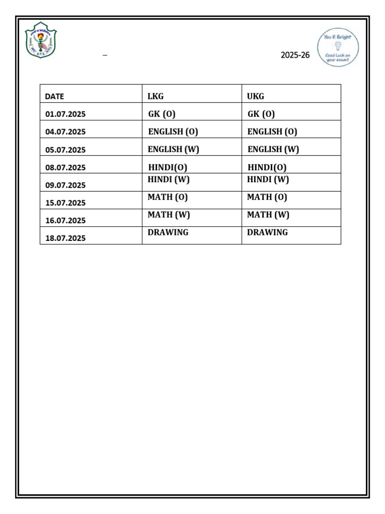 LKG & UKG Exam Timetable 2025 | PDF