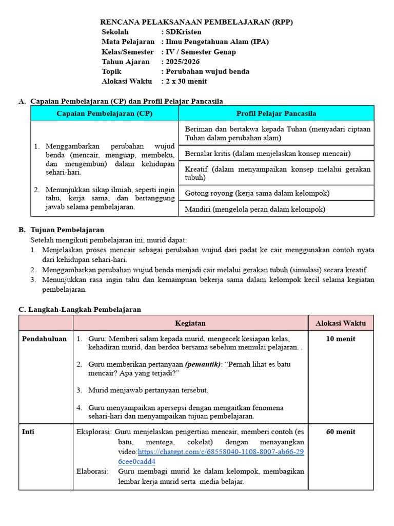 Contoh RPP SD - Pelatihan - 21 Juni 2025 | PDF