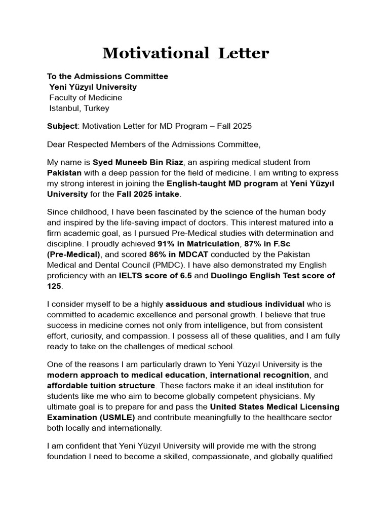 Motivational Letter for MD Program | PDF