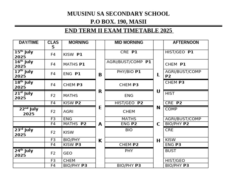 Form Two Exam Timetable 2025 | PDF