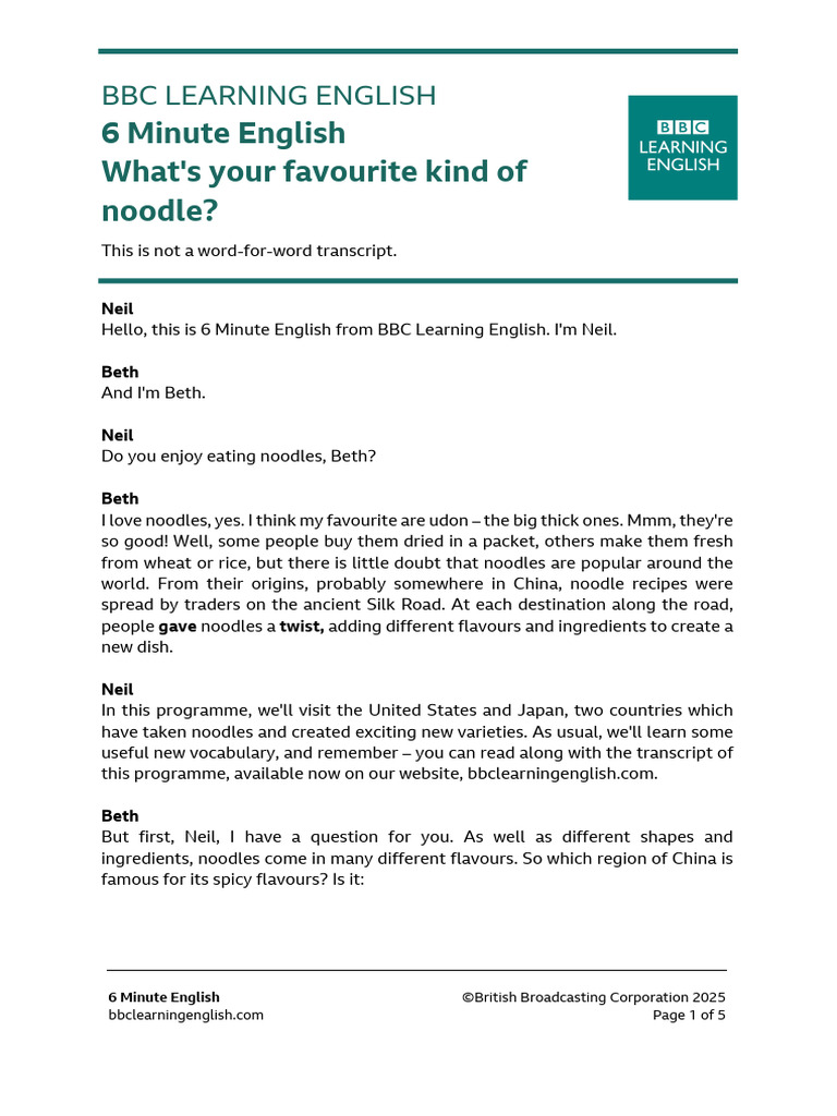 6 Minute English What's Your Favourite Kind of Noodle Transcript-1 ...