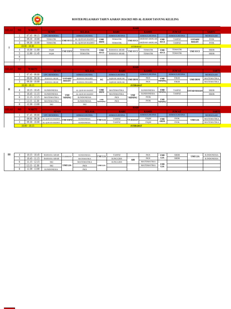 Roster Pelajaran Mis Al-Ilham Ta 2024-2025 Revisi | PDF