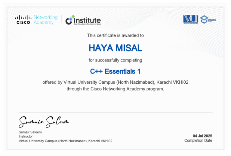 C++ Essentials 1 Certificate Awarded | PDF